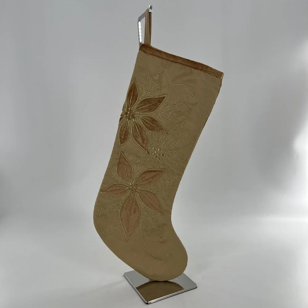 Santas Best Christmas Eve Stocking Gold Metallic Velvet Poinsettia Embroider 21